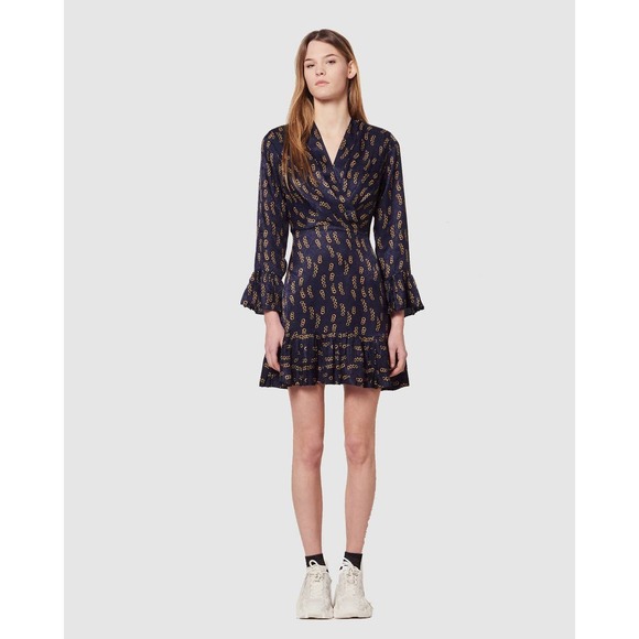 Sandro Milly Dress Chain Link Print Mini Silk Navy Surplice Long Sleeves - Picture 2 of 16
